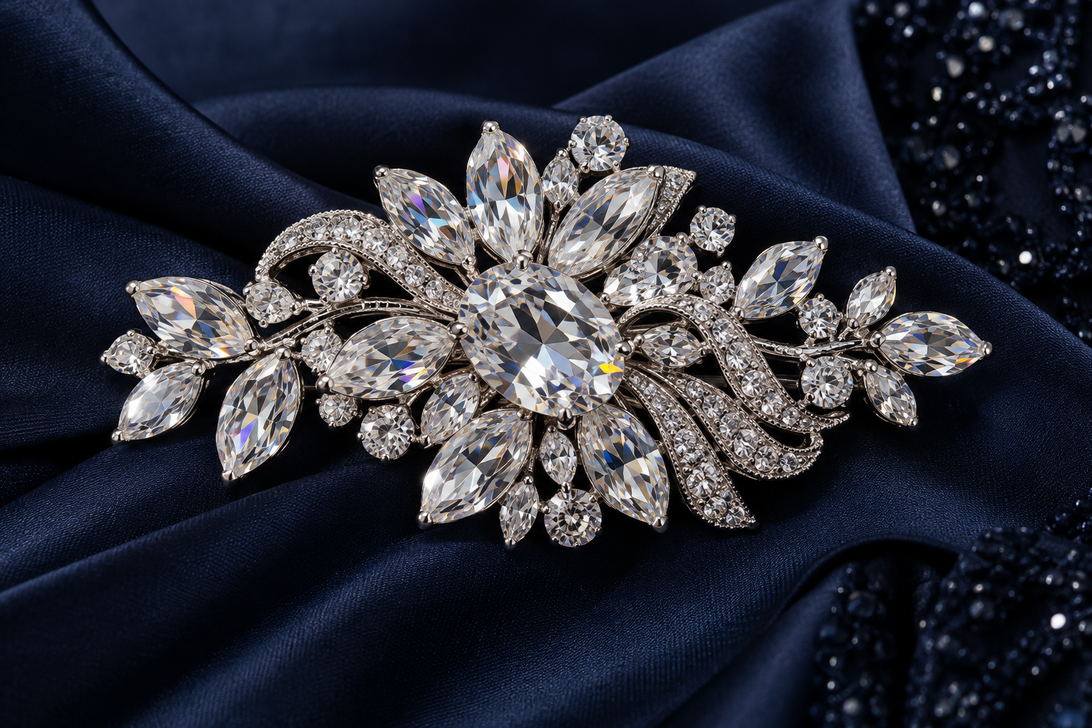 Large crystal evening brooch on dark formal fabric
