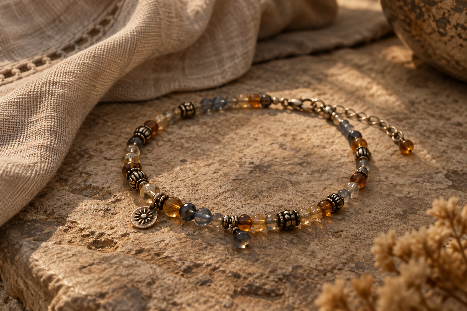 Vintage bead ankle ring with muted metal details