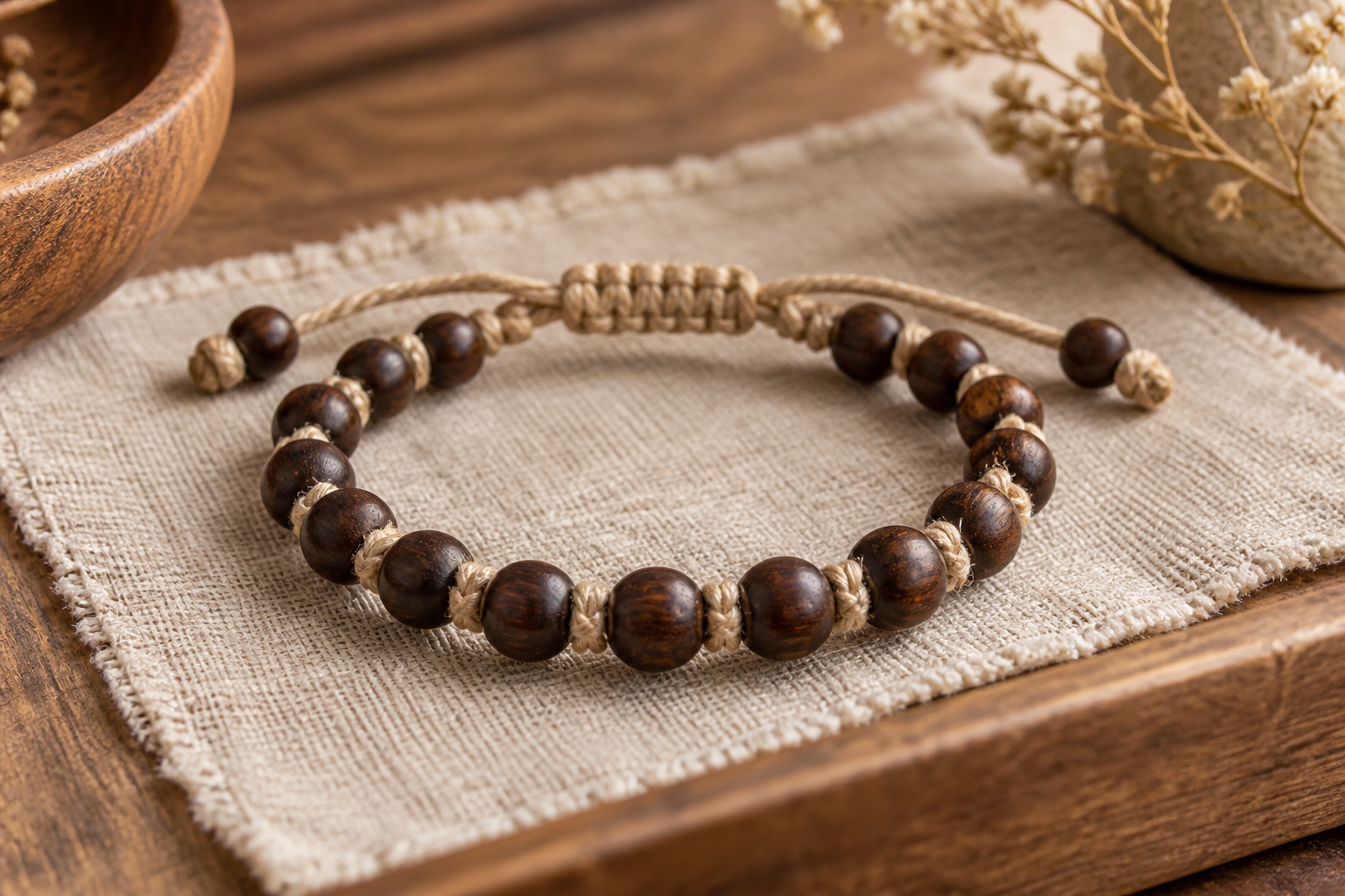 Natural wood wrist cord with woven fiber detail