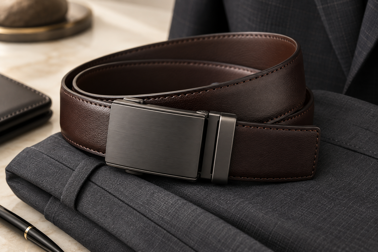 Deep brown leather business belt with matte buckle